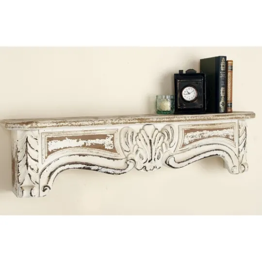 Kirkland's Home White Distressed Carved Wood Acanthus Wall Shelf- Shelves