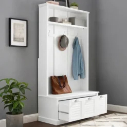 Kirkland's Home White Ellison Hall Tree With Storage Bench- Entryway Furniture
