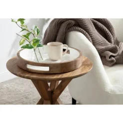 Kirkland's Home White Enameled Round Mango Wood Tray- Decorative Trays