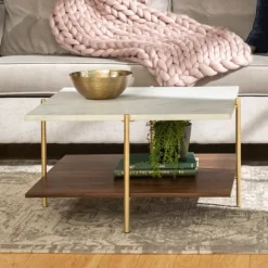 Kirkland's Home White Faux Marble And Brown Wood Coffee Table- Coffee Tables