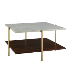 Kirkland's Home White Faux Marble And Brown Wood Coffee Table- Coffee Tables