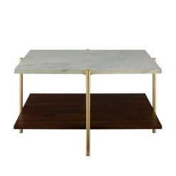 Kirkland's Home White Faux Marble And Brown Wood Coffee Table- Coffee Tables