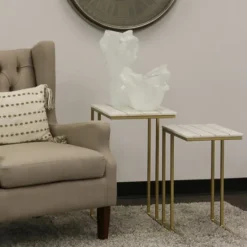 Kirkland's Home White Marble And Gold Grid Accent Tables, Set Of 2- Accent & End Tables