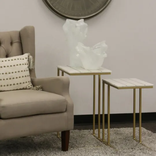 Kirkland's Home White Marble And Gold Grid Accent Tables, Set Of 2- Accent & End Tables