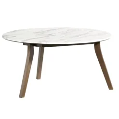 Kirkland's Home White Marble And Wood Round Coffee Table- Coffee Tables
