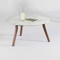 Kirkland's Home White Marble And Wood Round Coffee Table- Coffee Tables