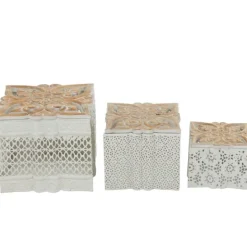 Kirkland's Home White Metal And Carved Wood Boxes, Set Of 3- Baskets & Boxes