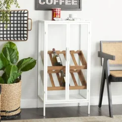 Kirkland's Home White Metal And Natural Wood 2-Door Bar Cabinet- Kitchen Islands & Bar Carts