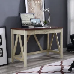 Kirkland's Home White Oak Farmhouse A-Frame Desk With Brown Top- Office Furniture