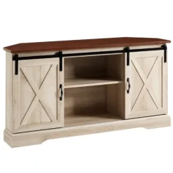 Kirkland's Home White Oak Sliding Barn Doors Corner Tv Stand- Tv Stands & Media Consoles