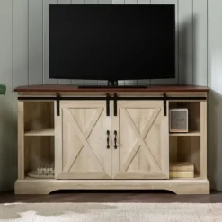 Kirkland's Home White Oak Sliding Barn Doors Corner Tv Stand- Tv Stands & Media Consoles