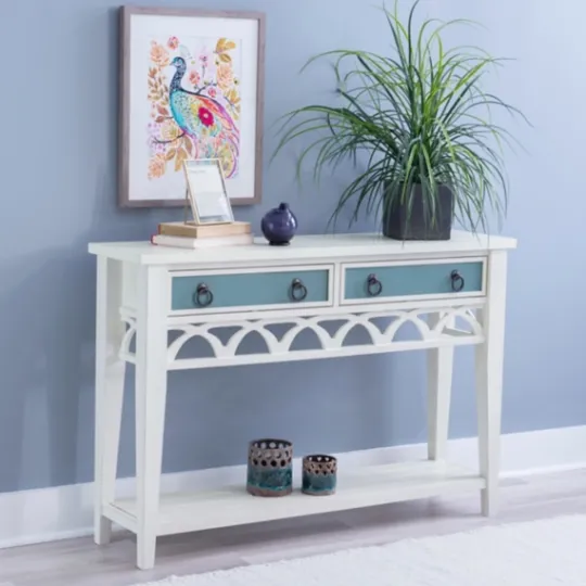 Kirkland's Home White Or Teal Paneled Fretwork Console Table- Console Tables