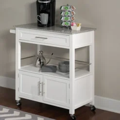 Kirkland's Home White Parker Granite Top Rolling Kitchen Cart- Kitchen Islands & Bar Carts