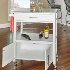 Kirkland's Home White Parker Granite Top Rolling Kitchen Cart- Kitchen Islands & Bar Carts