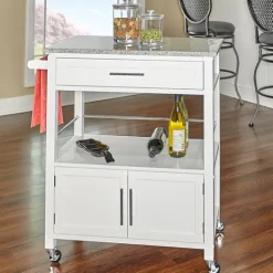 Kirkland's Home White Parker Granite Top Rolling Kitchen Cart- Kitchen Islands & Bar Carts