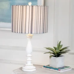 Kirkland's Home White Resin Table Lamp With Blue Stripe Shade- Table Lamps