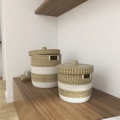 Kirkland's Home White Stripe Sea Grass 2-Pc. Storage Baskets- Baskets & Boxes