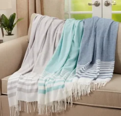 Kirkland's Home White Stripe With Fringe Throw Blanket- Blankets & Throws