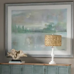 Kirkland's Home White Table Lamp With Hand Woven Raffia Shade- Table Lamps