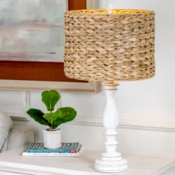 Kirkland's Home White Table Lamp With Hand Woven Raffia Shade- Table Lamps