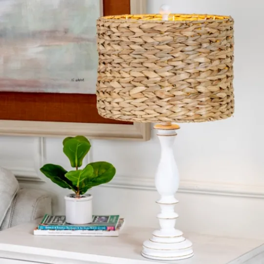Kirkland's Home White Table Lamp With Hand Woven Raffia Shade- Table Lamps