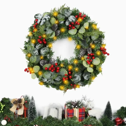 Kirkland's Home White Tip Pinecone And Eucalyptus Pre-Lit Wreath- Wreaths