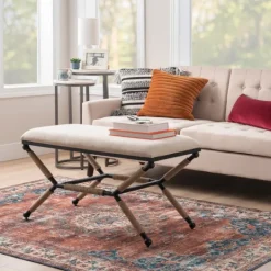 Kirkland's Home White Upholstered And Wrapped Rope Metal Bench- Dining Chairs