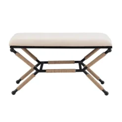 Kirkland's Home White Upholstered And Wrapped Rope Metal Bench- Dining Chairs