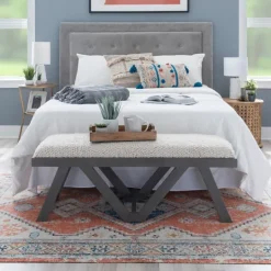 Kirkland's Home White Upholstered Seat And Blue Wood Bench- Benches & Ottomans
