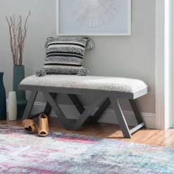 Kirkland's Home White Upholstered Seat And Blue Wood Bench- Benches & Ottomans