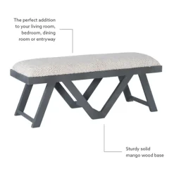 Kirkland's Home White Upholstered Seat And Blue Wood Bench- Benches & Ottomans