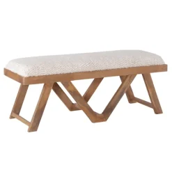 Kirkland's Home White Upholstered Seat And Tan Wood Bench- Benches & Ottomans