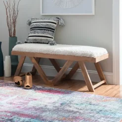 Kirkland's Home White Upholstered Seat And Tan Wood Bench- Benches & Ottomans
