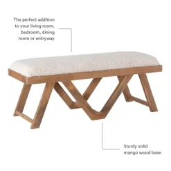 Kirkland's Home White Upholstered Seat And Tan Wood Bench- Benches & Ottomans