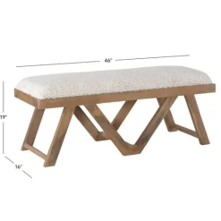 Kirkland's Home White Upholstered Seat And Tan Wood Bench- Benches & Ottomans