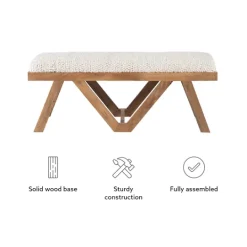 Kirkland's Home White Upholstered Seat And Tan Wood Bench- Benches & Ottomans
