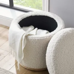 Kirkland's Home White Upholstered Wood Trim Ottoman- Benches & Ottomans