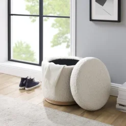 Kirkland's Home White Upholstered Wood Trim Ottoman- Benches & Ottomans