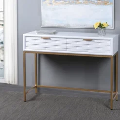 Kirkland's Home White Wood Basket Weave Console Table- Console Tables