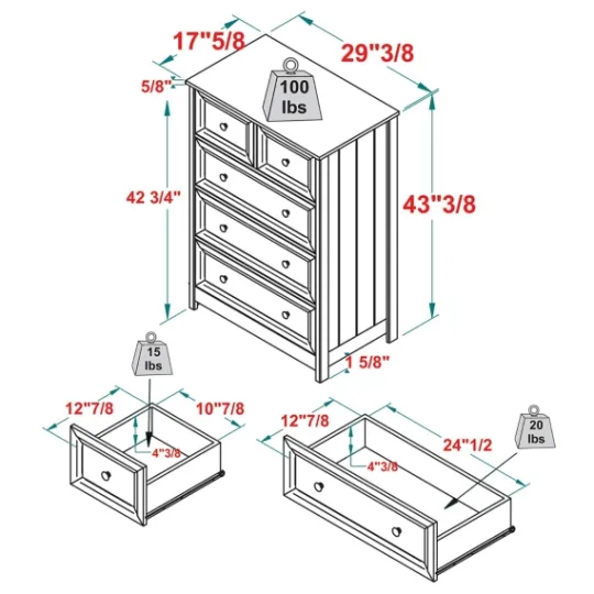 Kirkland's Home White Wood Five Framed Drawers Dresser- Dressers & Chests