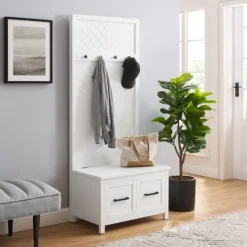 Kirkland's Home White Wood Herringbone Hall Tree- Entryway Furniture