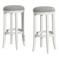 Kirkland's Home White Wood Linen Upholstered 2-Pc. Bar Stool Set- Bar Stools & Counter Height Stools
