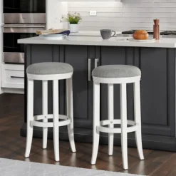 Kirkland's Home White Wood Linen Upholstered 2-Pc. Bar Stool Set- Bar Stools & Counter Height Stools