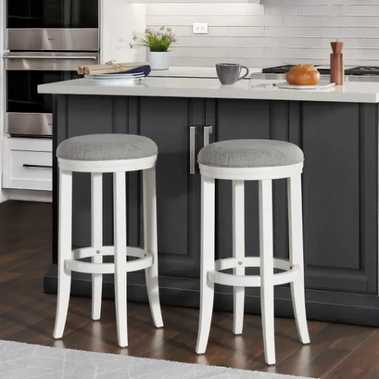 Kirkland's Home White Wood Linen Upholstered 2-Pc. Bar Stool Set- Bar Stools & Counter Height Stools