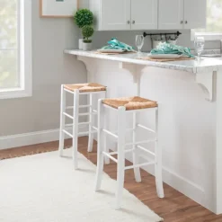 Kirkland's Home White Wood Seagrass Backless 2-Pc. Bar Stool Set- Bar Stools & Counter Height Stools