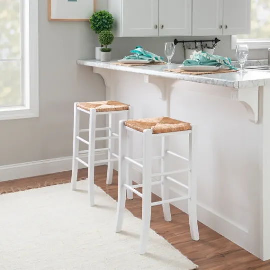 Kirkland's Home White Wood Seagrass Backless 2-Pc. Bar Stool Set- Bar Stools & Counter Height Stools