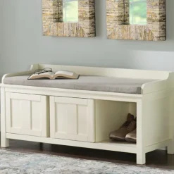 Kirkland's Home White Wood Upholstered Storage Bench- Benches & Ottomans