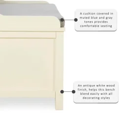Kirkland's Home White Wood Upholstered Storage Bench- Benches & Ottomans
