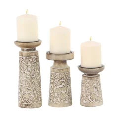 Kirkland's Home Whitewash Floral Mango Candlesticks, Set Of 3- Candle Holders