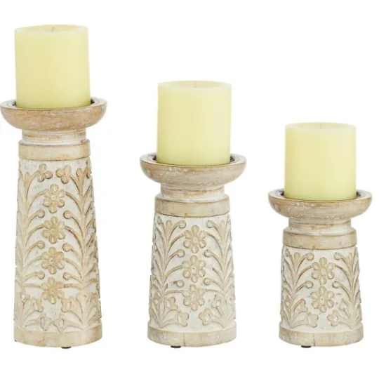 Kirkland's Home Whitewashed Brown Carved Candle Holders, Set Of 3- Candle Holders
